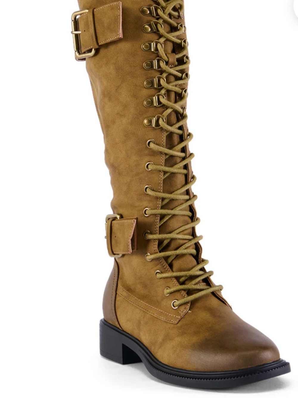Knee-High Lace-Up Buckle Boots in Tan